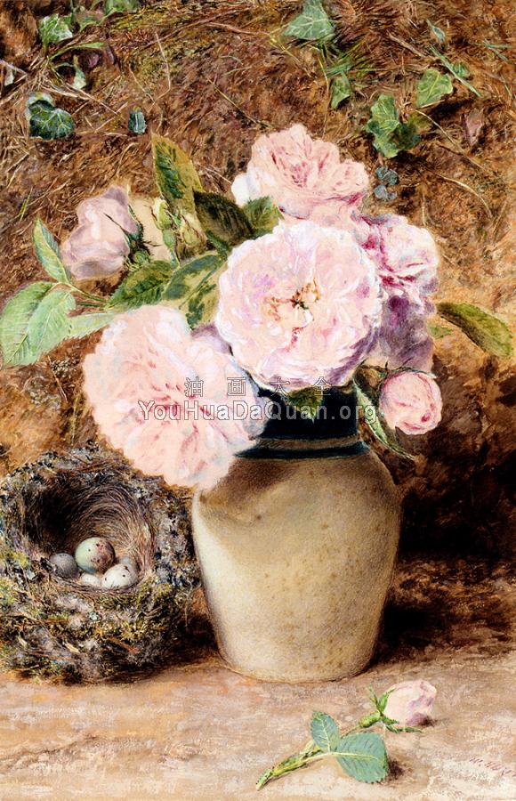 Still Life With roses In A vase And A Birds Nest - 威廉·亨利·亨特
